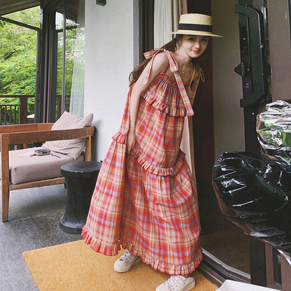 【ワンピース】海辺リゾート ゆったりシルエット 甘め優しげチェック柄ノースリーブワンピース【SHシリーズ】