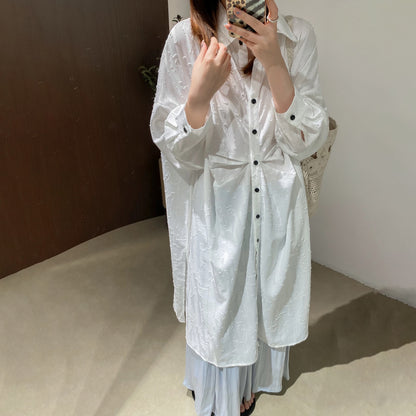 【ワンピース】文芸スタイル プリーツデザイン 立体花柄 長袖 薄手 UVカット シャツワンピース【JZシリーズ】