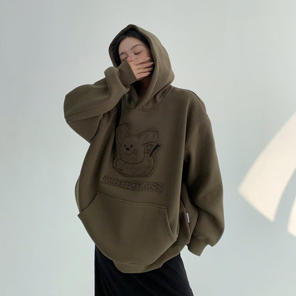 【トップス】レトロワッペン刺繍 カートゥーン 裏起毛フードパーカー【FCシリーズ】