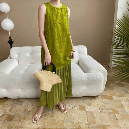 【ワンピース】夏 テンセル フェイクレイヤード ノースリーブ ワンピース【SNシリーズ】