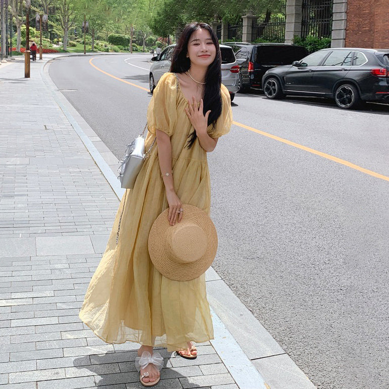 【ワンピース】フレンチ風 夏 ビーチリゾート 独特デザイン 半袖ワンピース