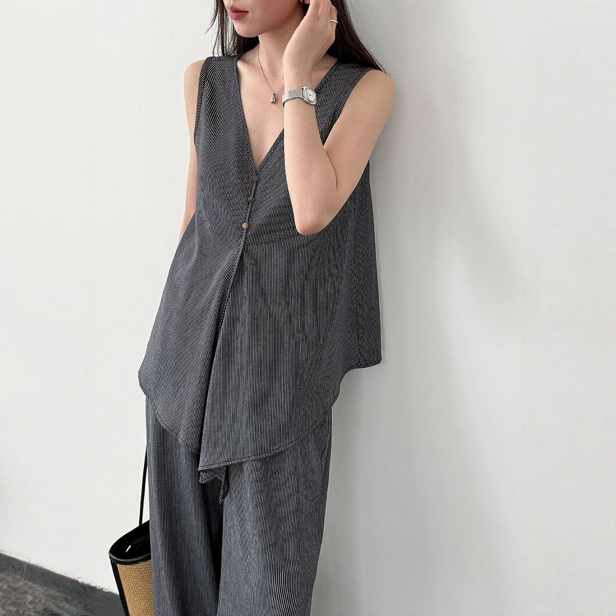 【セットアップ】テンセル×リネン ノースリーブ ストライプトップス + カジュアルロングパンツ 2点上下セット 【JZシリーズ】