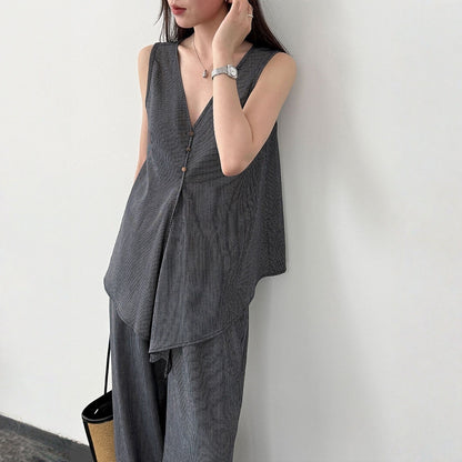 【セットアップ】テンセル×リネン ノースリーブ ストライプトップス + カジュアルロングパンツ 2点上下セット 【JZシリーズ】