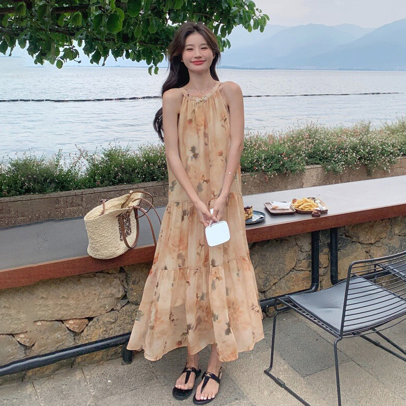 【ワンピース】イエロー 小花柄 ノースリーブ ホルターネック レディース 夏 フェアリー風 バカンス ワンピース【SHシリーズ】