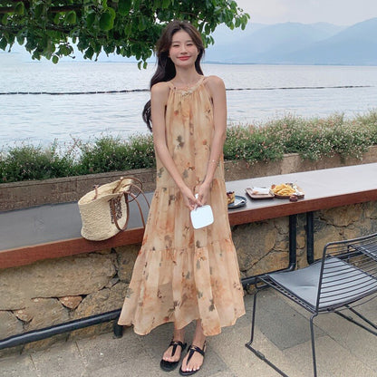 【ワンピース】イエロー 小花柄 ノースリーブ ホルターネック レディース 夏 フェアリー風 バカンス ワンピース【SHシリーズ】