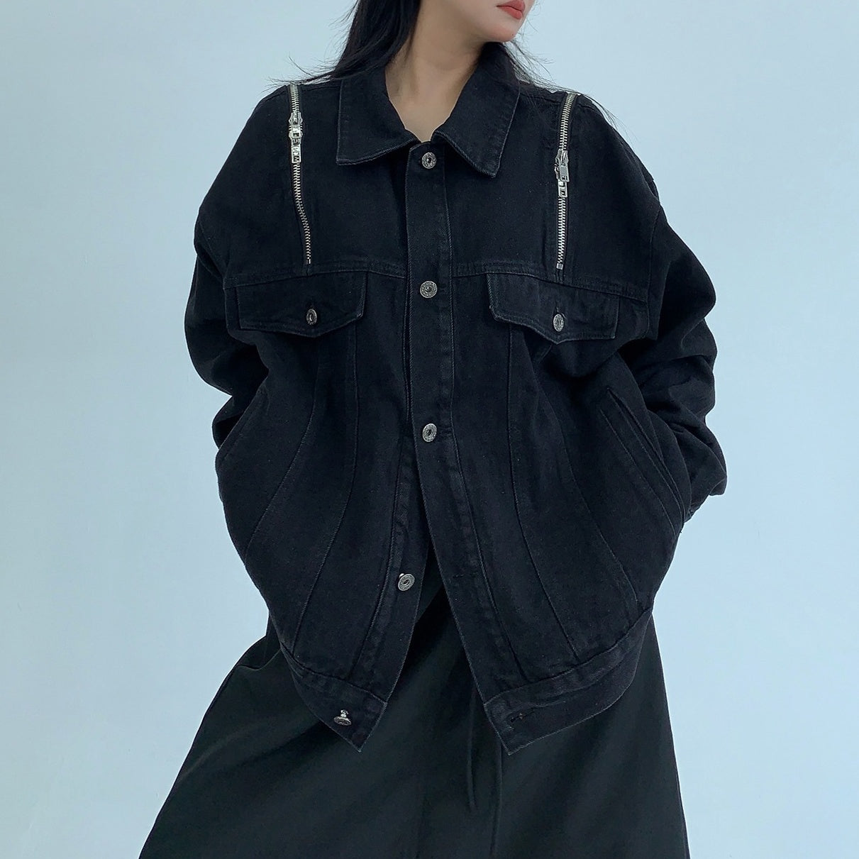 【アウター】ヴィンテージ加工 ファスナー付き  デニム ジャケット  【FCシリーズ】