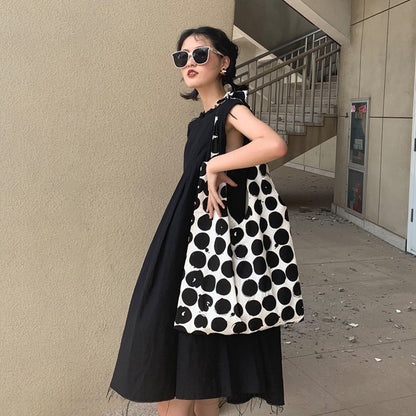 【バッグ】配色 キャンバスショルダーバッグ 斜めがけ 韓国風 ドット柄 大容量 カジュアルバッグ