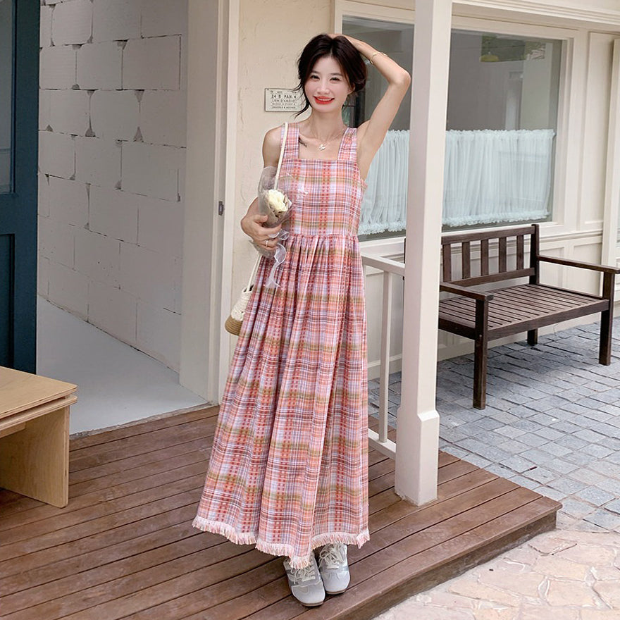【ワンピース】チェック柄 キャミワンピース レディース 夏 ハイウエスト ノースリーブ ロングワンピース ゆったり 体型カバー 人気 フレンチ風【SHシリーズ】