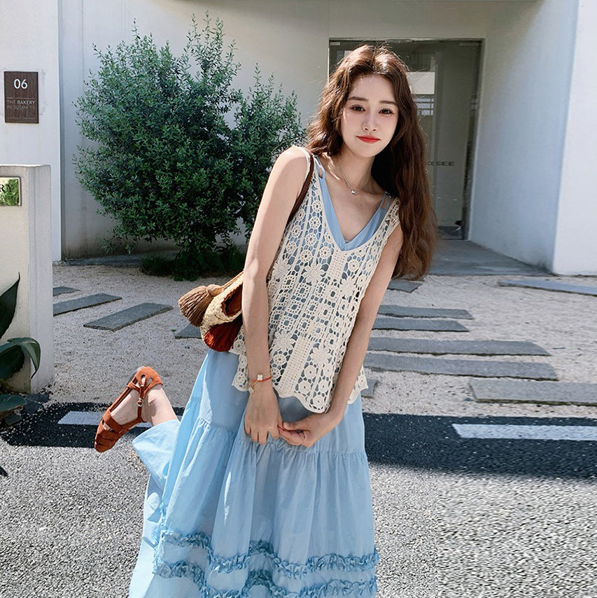 2点セット！【セットアップ】夏新作 フレンチエレガンス レース編み ノースリーブ ベスト＋ワンピースセット【SHシリーズ】