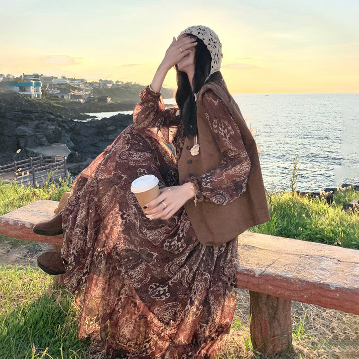 【ワンピース】ブラウン 花柄 長袖ワンピース ベスト付きセット レディース 2025秋新作 旅行 リゾート【SHシリーズ】