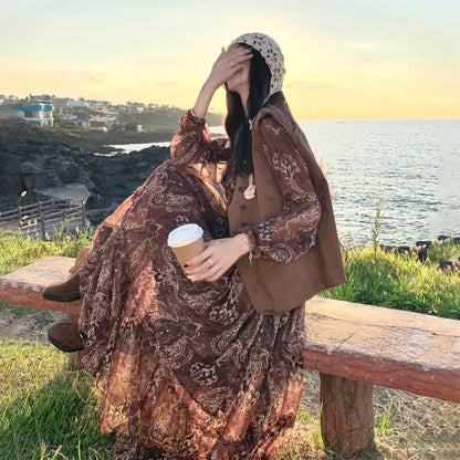 【ワンピース】ブラウン 花柄 長袖ワンピース ベスト付きセット レディース 2025秋新作 旅行 リゾート【SHシリーズ】