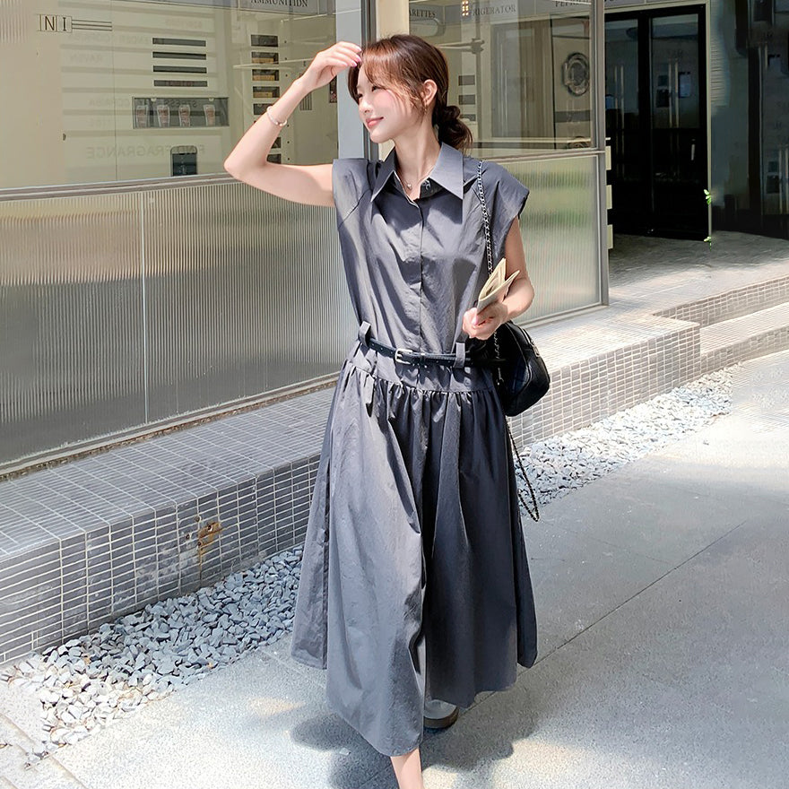 【ワンピース】グレーノースリーブワンピース ウエストマークで細見え◎上品見えの韓国風ロング丈【JZシリーズ】