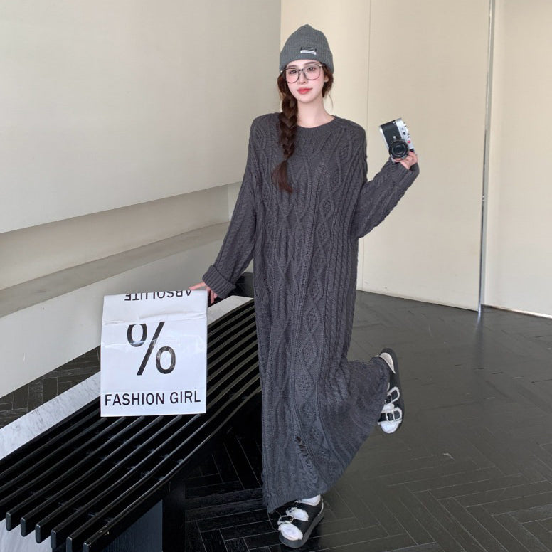 【ワンピース】大きいサイズダメージ加工ニットワンピース レディース 秋冬新作 クルーネック ゆったり ロング丈【JZシリーズ】