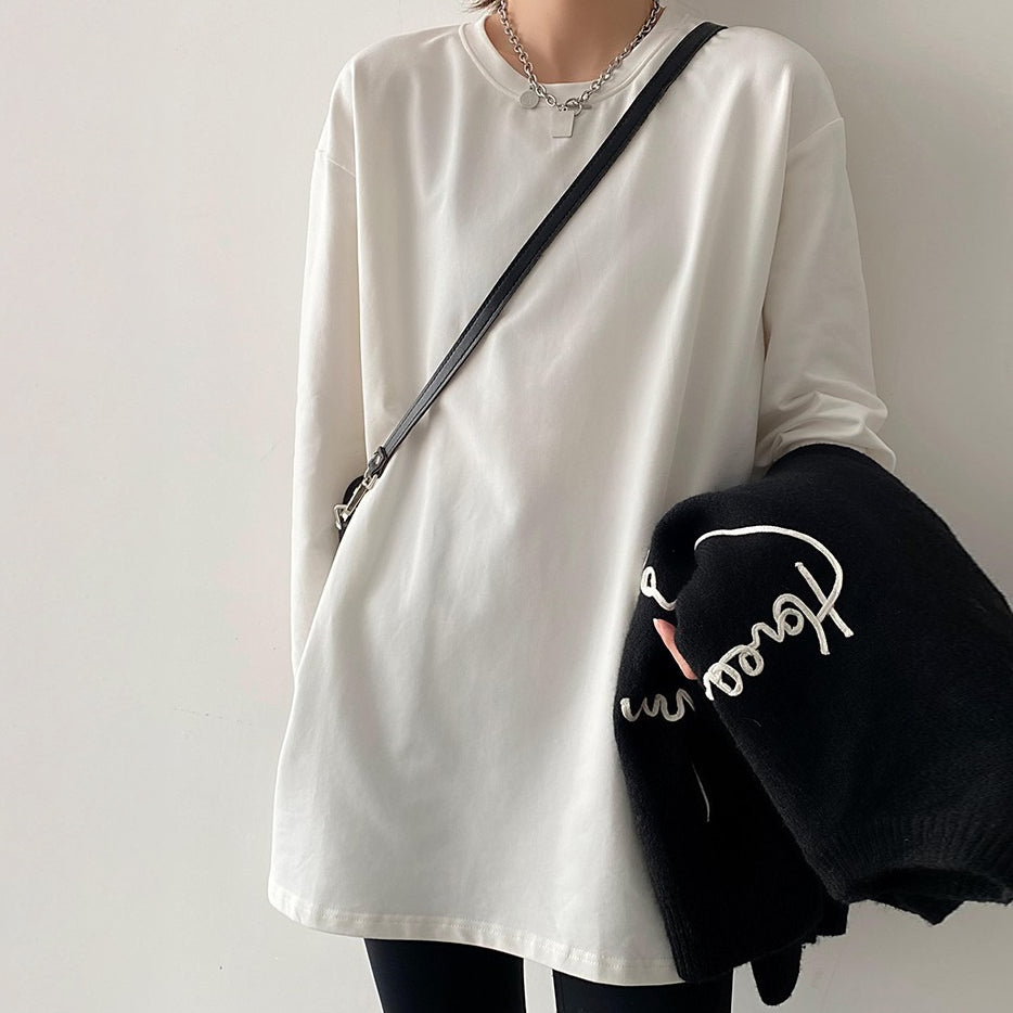 【トップス】ミニマル 無地 長袖 Tシャツ ゆったり レディース 秋冬 丸首 インナー 重ね着用【FCシリーズ】