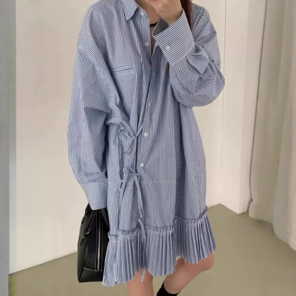 【ワンピース】春 秋 冬 サイドリボン ゆったり切替 プリーツ 長袖ストライプ ワンピース 【JZシリーズ】