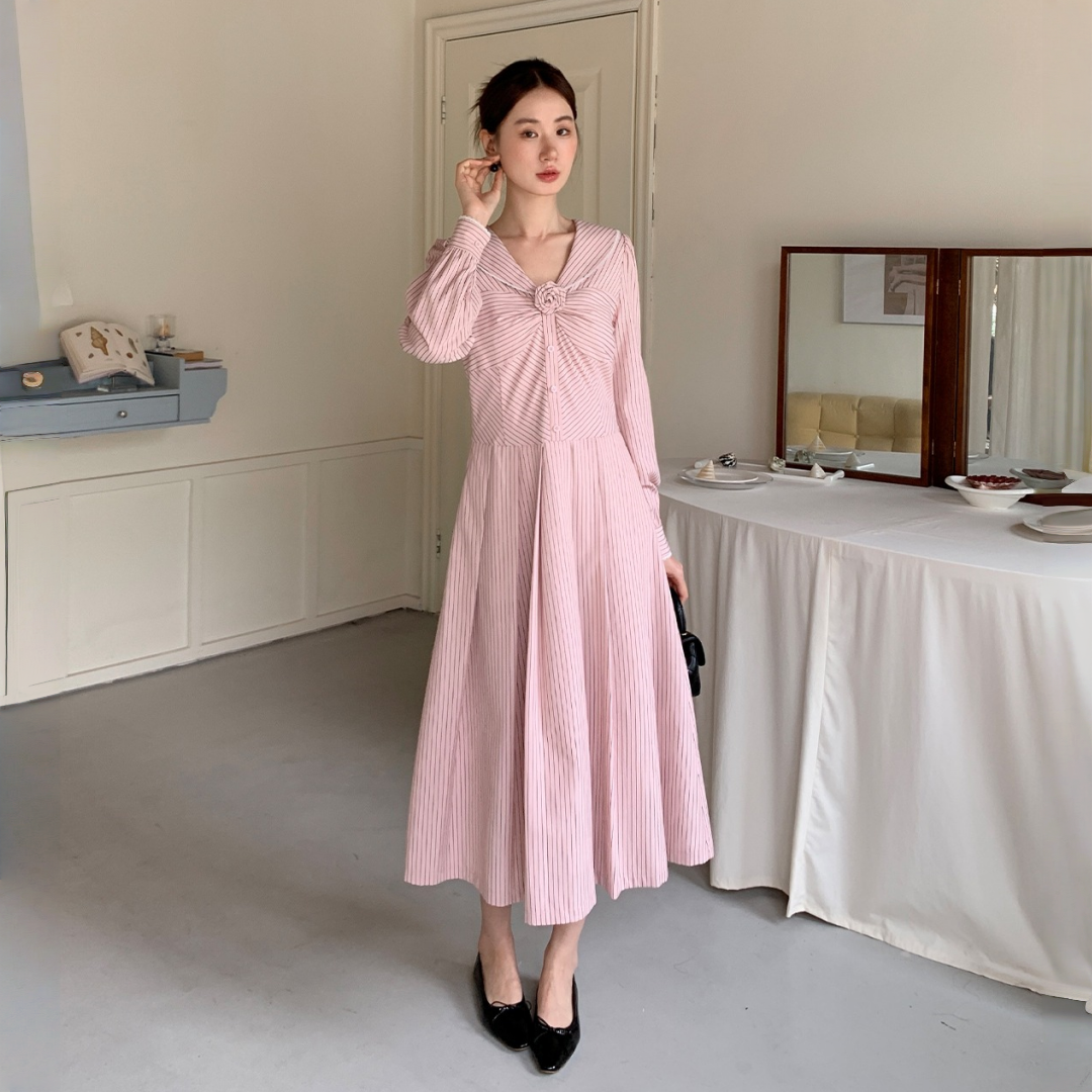 【ワンピース】春 秋 セーラーカラー ストライプ デザイン感 ロング丈 長袖 ワンピース 【JZシリーズ】