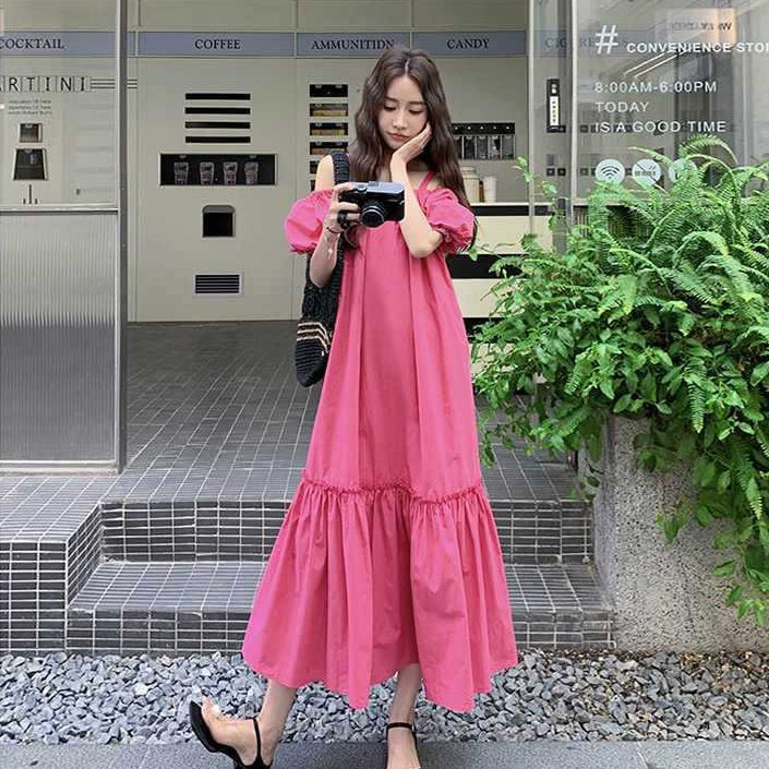 【ワンピース】おしゃれなリゾート風甘いゆったりオフショルダー半袖ワンピース