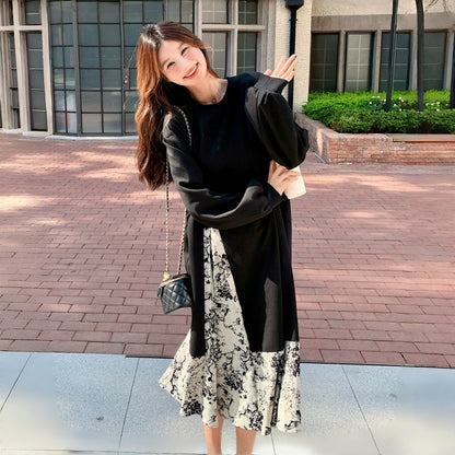 【ワンピース】春 秋 冬 大人フェミニン 墨絵プリント 気質よい 着痩せ 長袖ワンピース【SHシリーズ】