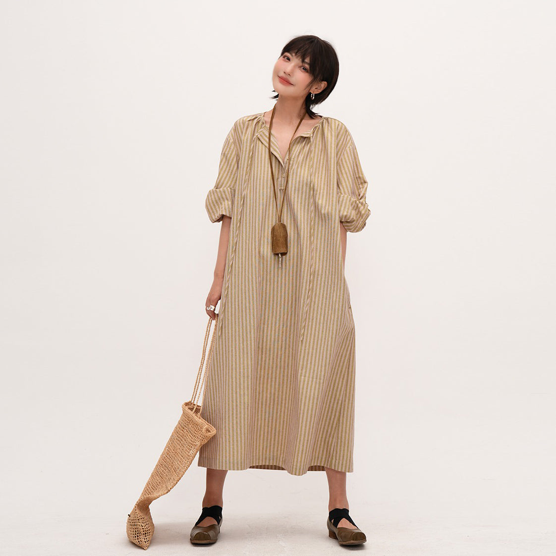 【ワンピース】夏新作 ナチュラルストライプ ゆったりワンピース 薄手七分袖ロングドレス 大きめサイズ カジュアル文芸風【JZシリーズ】【SHシリーズ】