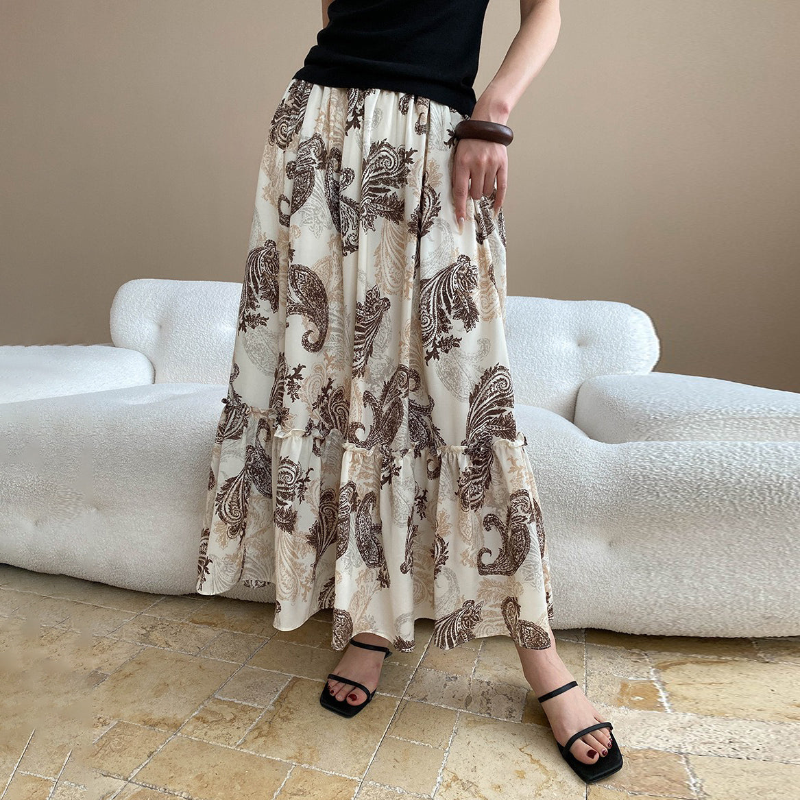 【ボトムス】フレンチバカンス風 フェザー柄切り替えデザイン ハイウエストゴム入りAラインスカート【SHシリーズ】【JZシリーズ】