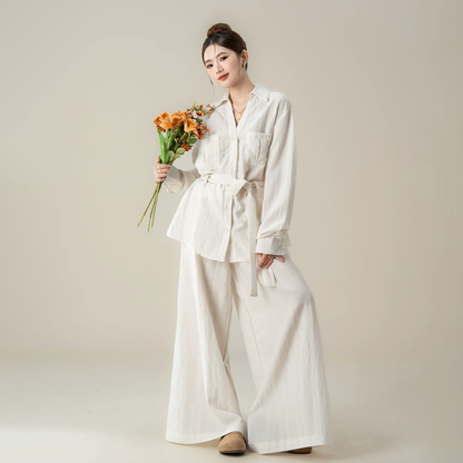 2点セット！【セットアップ】ルーズ感 カジュアル 秋新作 ウエスト絞り シャツ＋ワイドパンツ 上下セット【JZシリーズ】