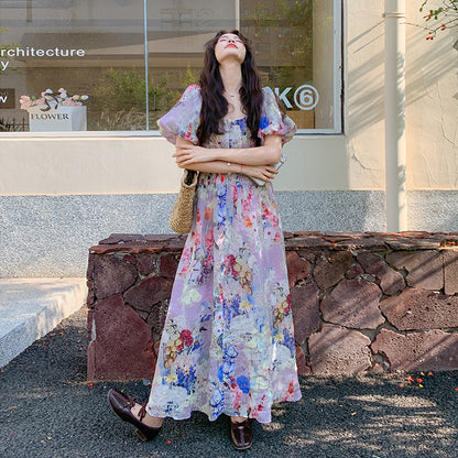 【ワンピース】夏 ドーパミン フラワー 油絵プリント 半袖ワンピース【SHシリーズ】