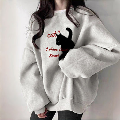 S~3XL【トップス】黒猫柄 フード付き スウェット レディース 秋冬 裏起毛 ゆったり おしゃれ【FCシリーズ】