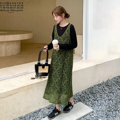 【セットアップ】透かし編みニットワンピースセット レイヤード風 レディース 韓国風 雰囲気2点セット【JZシリーズ】