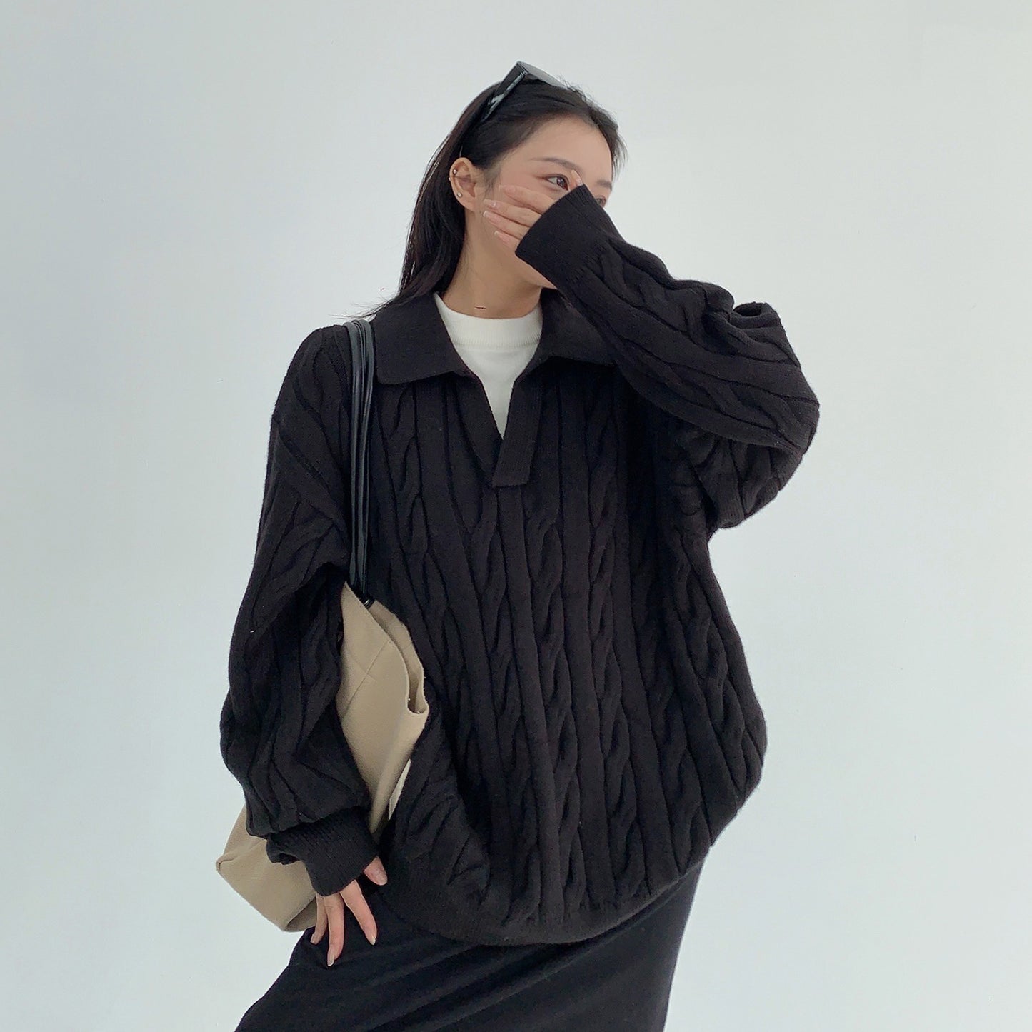 【トップス】フェイクレイヤード風 プルオーバー ニット レディース ゆったり厚手 折り襟デザイン【FCシリーズ】