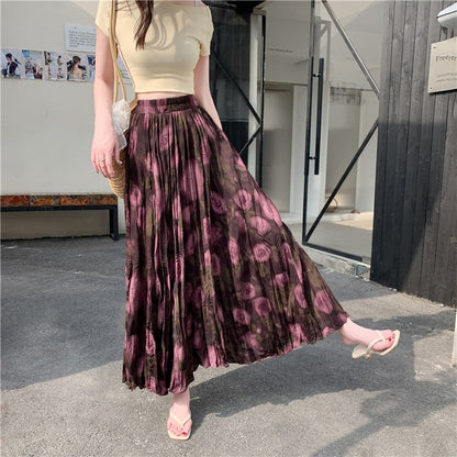 【ボトムス】ウエストゴム コーデしやすい ハイウエスト ロングスカート プリーツ 脚長効果Aラインスカート【SHシリーズ】