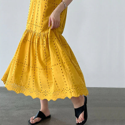 【ワンピース】夏 透かし彫り レース 刺繍 Vネック 半袖 ワンピース【SNシリーズ】