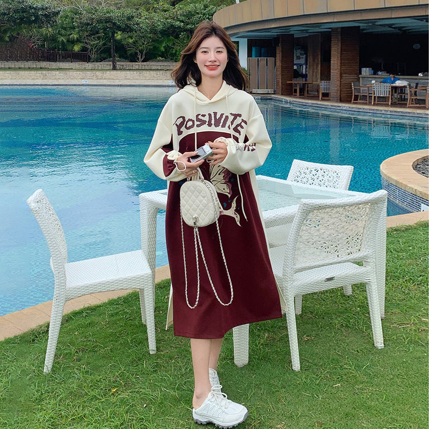 【ワンピース】韓国風カジュアル 配色 長袖スウェットワンピース レディース 春秋 人気 ゆったりフード付きロングワンピース【JZシリーズ】