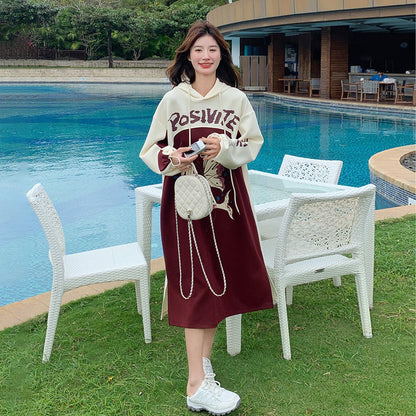 【ワンピース】韓国風カジュアル 配色 長袖スウェットワンピース レディース 春秋 人気 ゆったりフード付きロングワンピース【JZシリーズ】