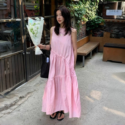 [連身裙] 夏季圓領寬鬆不規則無袖連身裙