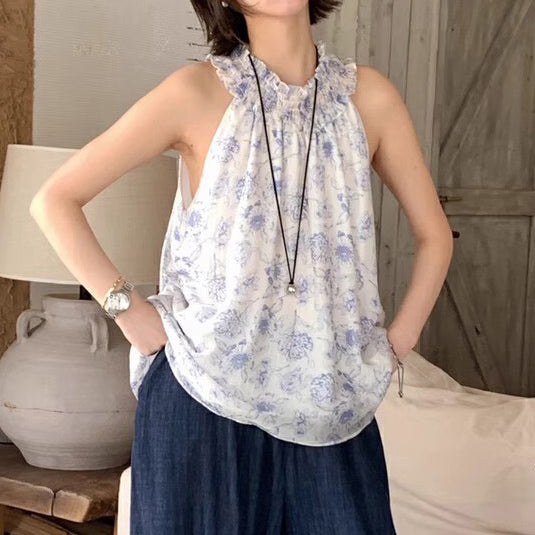 【トップス】ヴィンテージ風水墨プリント フリルネックホルタートップス 夏 シフォン素材【SHシリーズ】