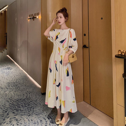 【ワンピース】花柄 長袖ワンピース フレンチ風 ミディ丈 レトロで優しい雰囲気のAラインドレス【SHシリーズ】