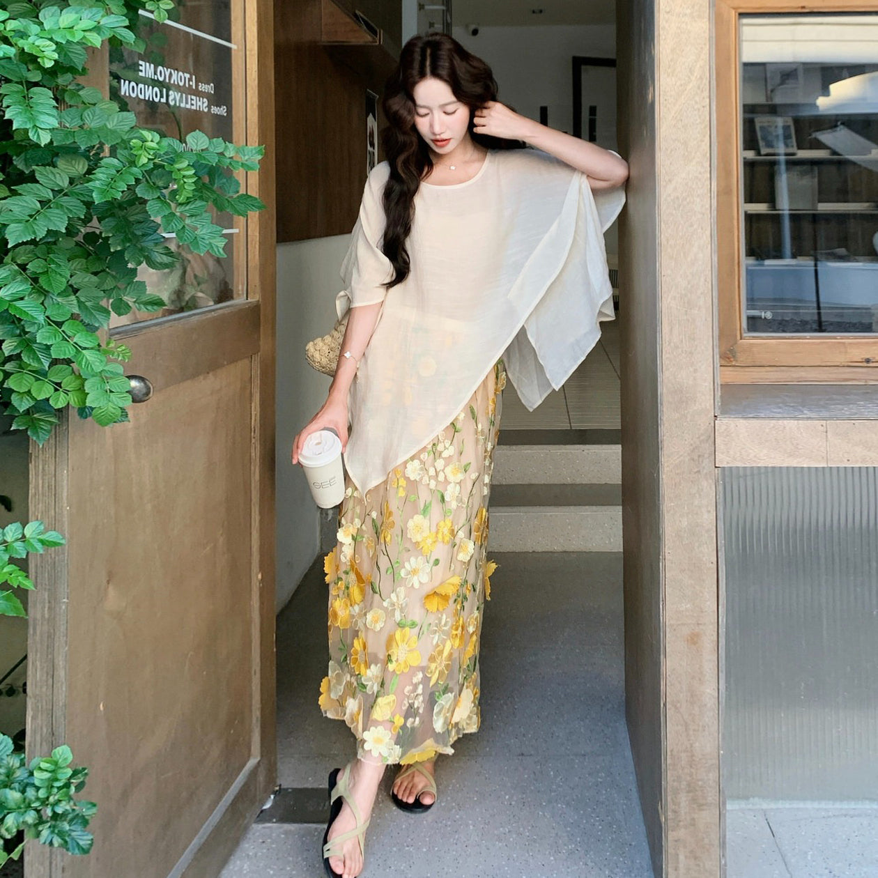 2点セット！【セットアップ】リゾート フラワー 上下セット シアー羽織＋ロングスカート レディース きれいめ【SHシリーズ】