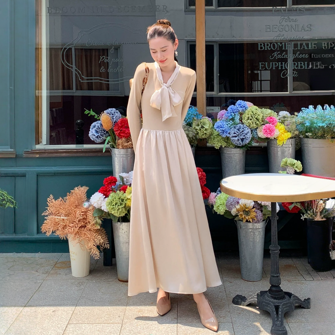 【ワンピース】春 秋 冬  リボンタイ 切り替え 長袖 ワンピース 【JZシリーズ】