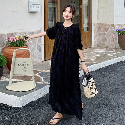 【ワンピース】切り替え 夏新作 ヘップバーン風 シンプルゆったり 半袖ワンピース