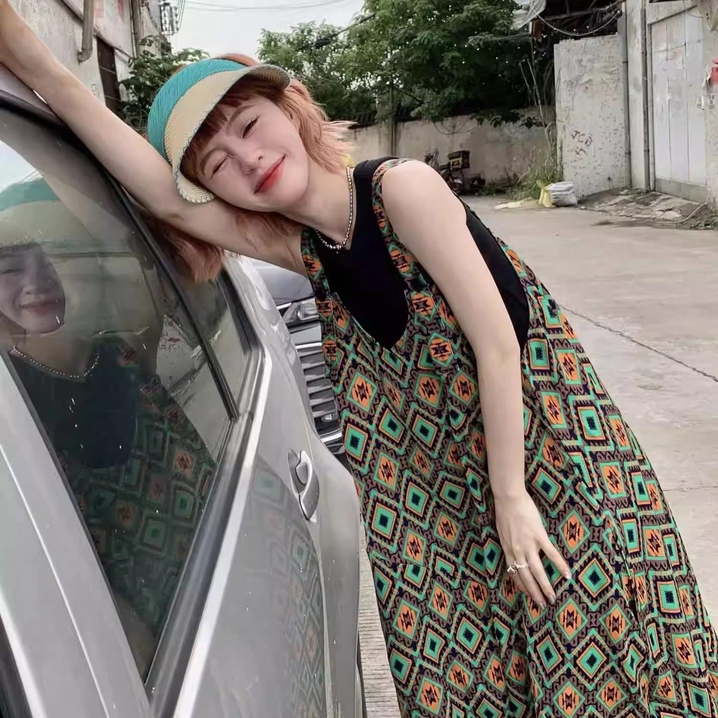 【ボトムス】夏新作 文芸ムードたっぷり 菱形チェック柄 オーバーサイズサロペットスカンツ オールインワン【SHシリーズ】