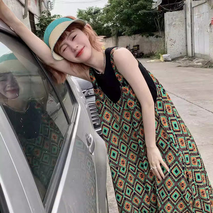 【ボトムス】夏新作 文芸ムードたっぷり 菱形チェック柄 オーバーサイズサロペットスカンツ オールインワン【SHシリーズ】