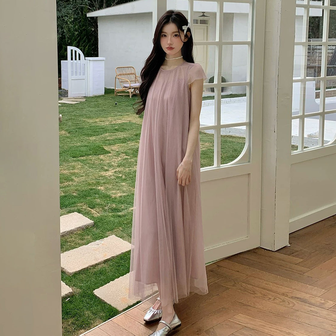 【ワンピース】大人可愛い ピンク チュールワンピース レディース 夏 半袖 上品 2点セット シアー ロング丈 フェミニンワンピース【JZシリーズ】