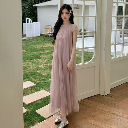 【ワンピース】大人可愛い ピンク チュールワンピース レディース 夏 半袖 上品 2点セット シアー ロング丈 フェミニンワンピース【JZシリーズ】
