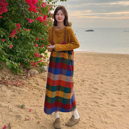 2点セット【セットアップ】韓国風 春秋 カラフルドーパミンチェック キャミワンピースセット レディース【SHシリーズ】【JZシリーズ】