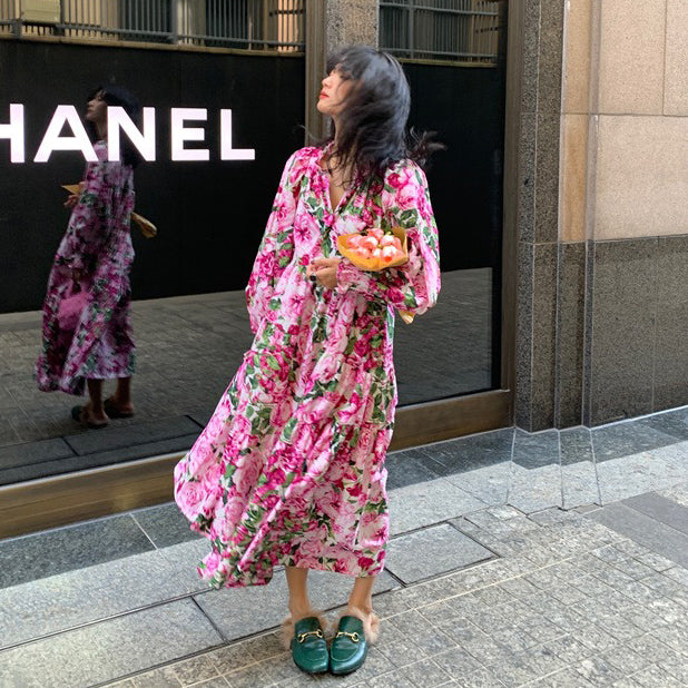 【ワンピース】春夏新作 レッド花柄 ゆったり Vネック 長袖ワンピース【SHシリーズ】