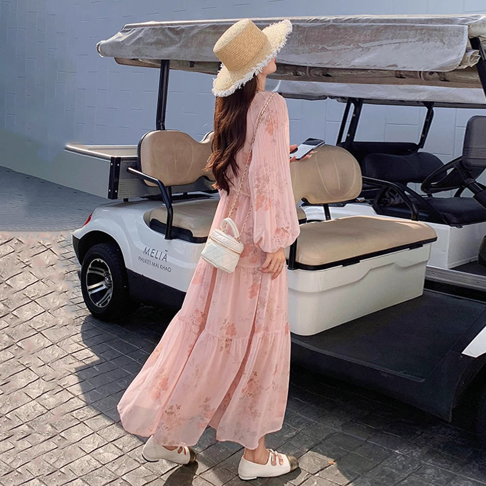 【ワンピース】フレンチ風Vネックワンピース レディース 長袖 ロング丈 上品 きれいめ【SHシリーズ】