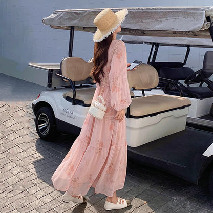 【ワンピース】フレンチ風Vネックワンピース レディース 長袖 ロング丈 上品 きれいめ【SHシリーズ】