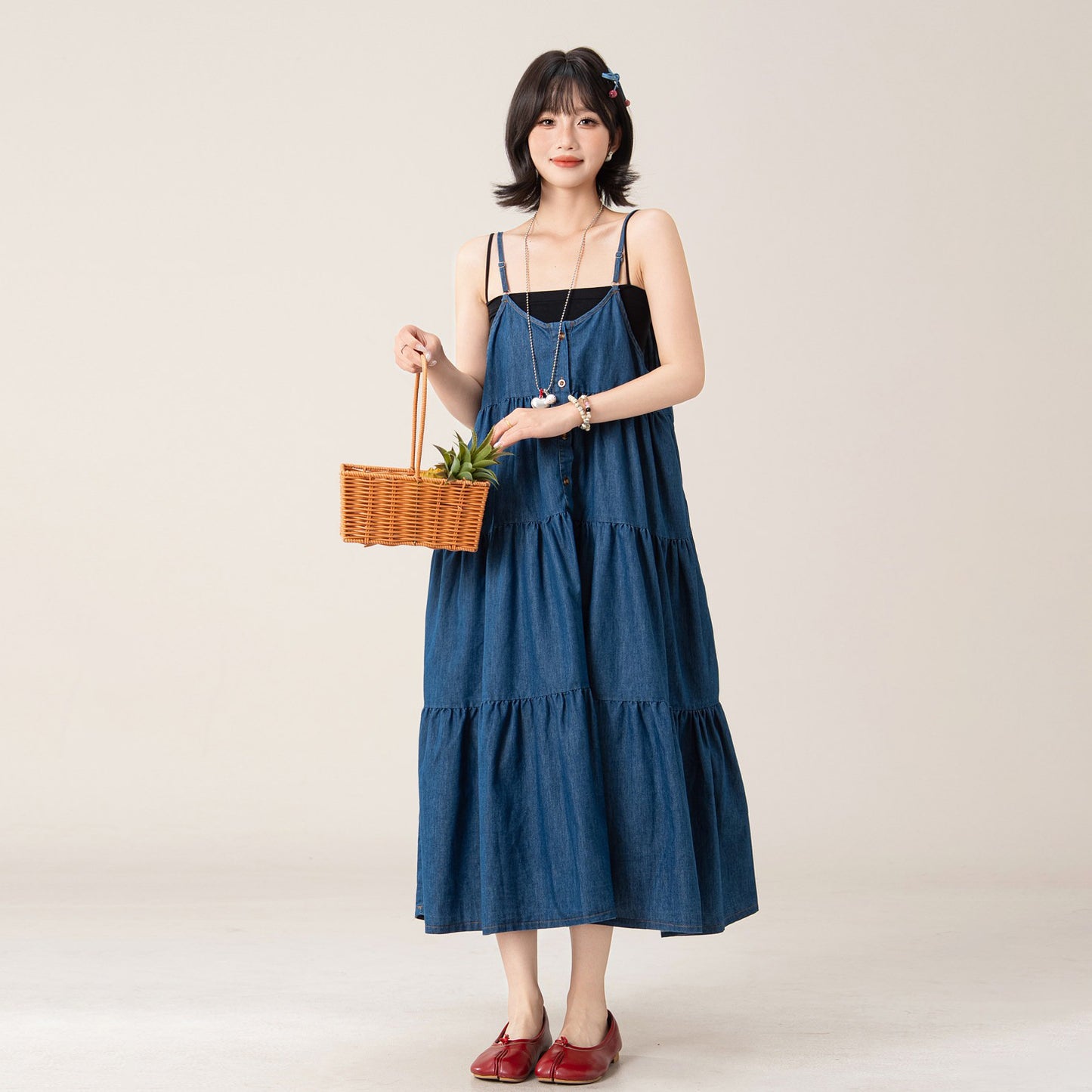 【ワンピース】デニムキャミワンピース レディース ノースリーブ ロング丈 フレアシルエット オーバーサイズ ヴィンテージ風【JZシリーズ】