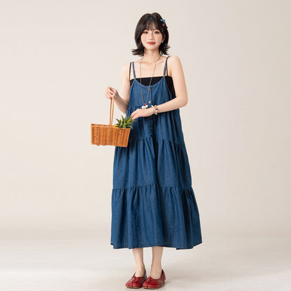 【ワンピース】デニムキャミワンピース レディース ノースリーブ ロング丈 フレアシルエット オーバーサイズ ヴィンテージ風【JZシリーズ】