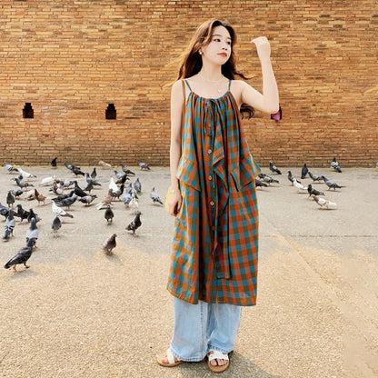 【ワンピース】バイカラー チェック柄 レイヤード風 ノースリーブワンピース レディース 夏 ゆったり 上品 トレンド感 ロングドレス【SHシリーズ】